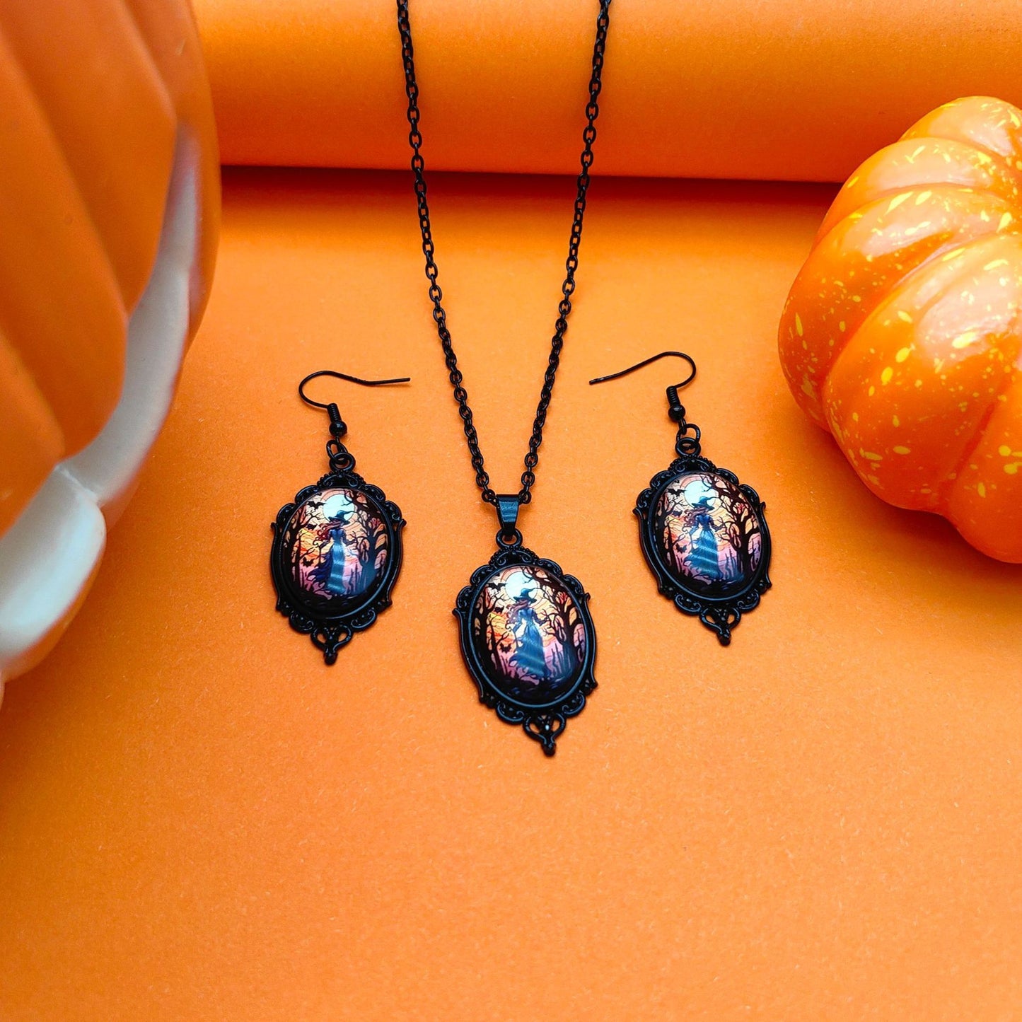 Charming Vintage Halloween Tree of Life Necklace and Earrings Set