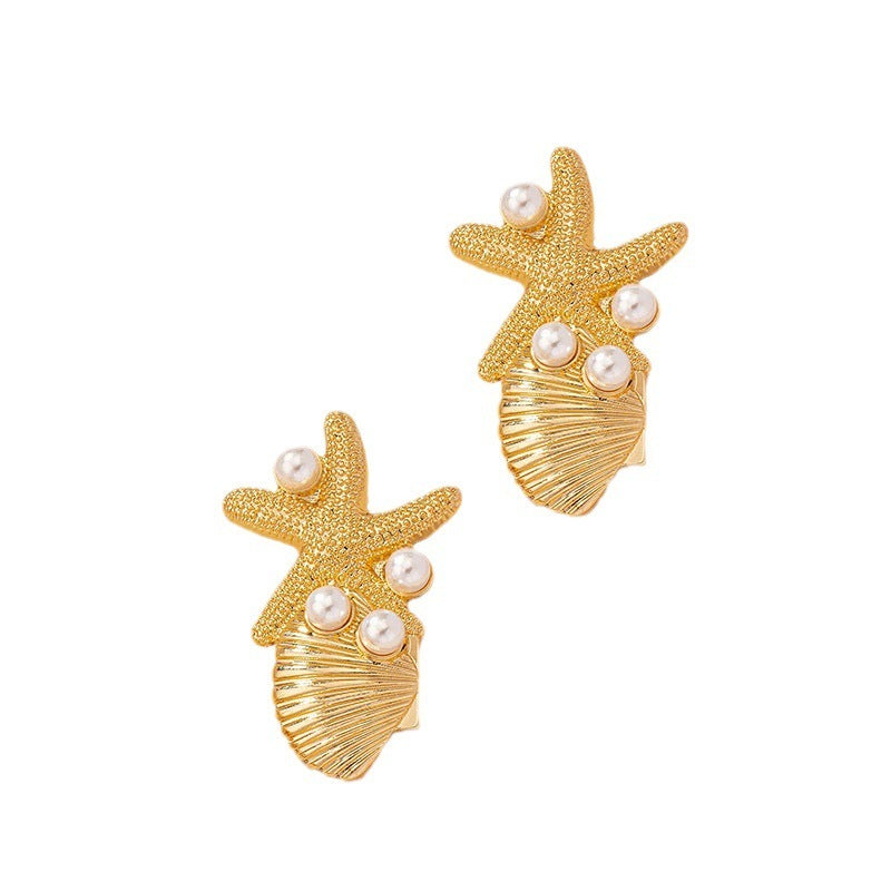 Elegant Beach Style Starfish Shell Earrings with Pearl Accents - Chic!