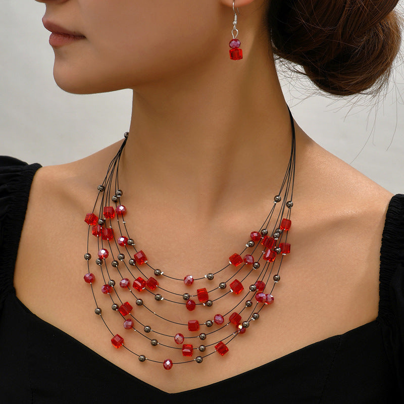 Superbe ensemble de bijoux ethniques vintage en perles de pierres précieuses : boucles d'oreilles et collier