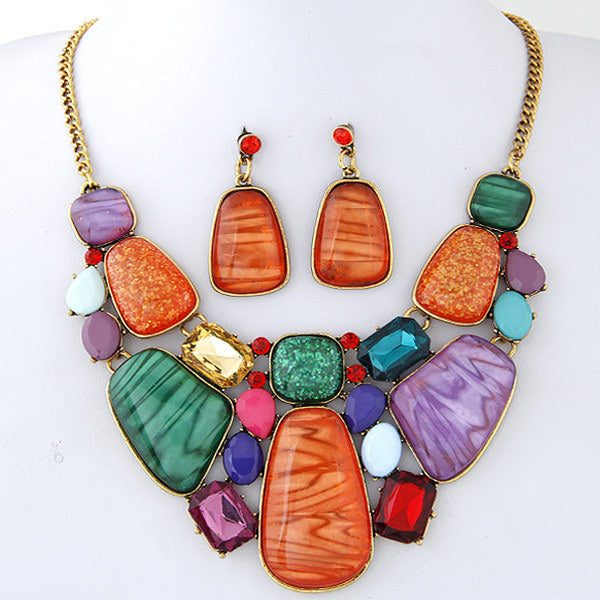 Elevate Your Style with Vintage Geometric Gemstone Necklace Earrings Set