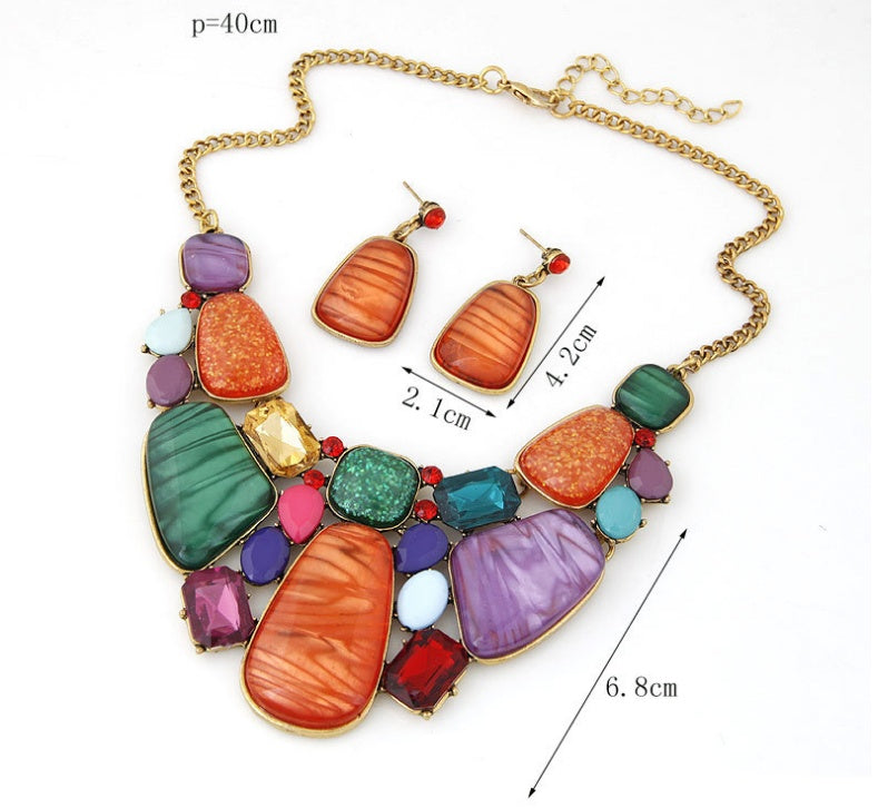 Elevate Your Style with Vintage Geometric Gemstone Necklace Earrings Set