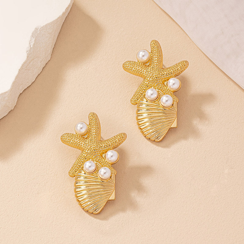 Elegant Beach Style Starfish Shell Earrings with Pearl Accents - Chic!