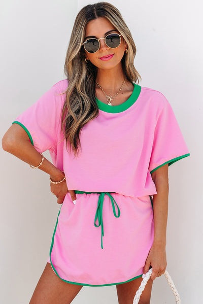 Chic 2Pcs set with colorblock design, featuring drop shoulder top and coordinating skirt shorts, perfect for casual looks.