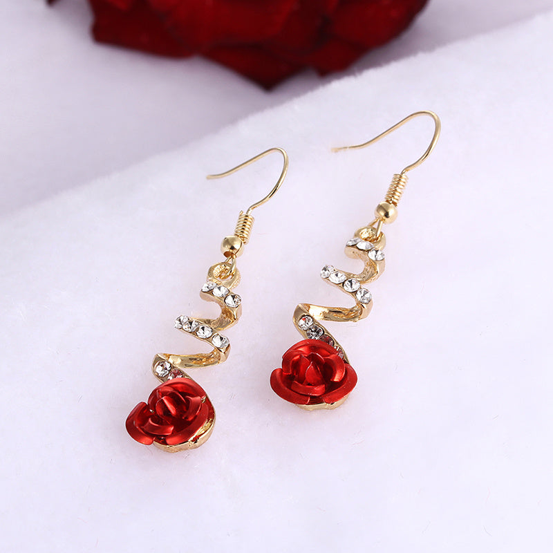 Elegant Ethnic Red Rose Earrings: Stunning Rhinestone Accent for Women