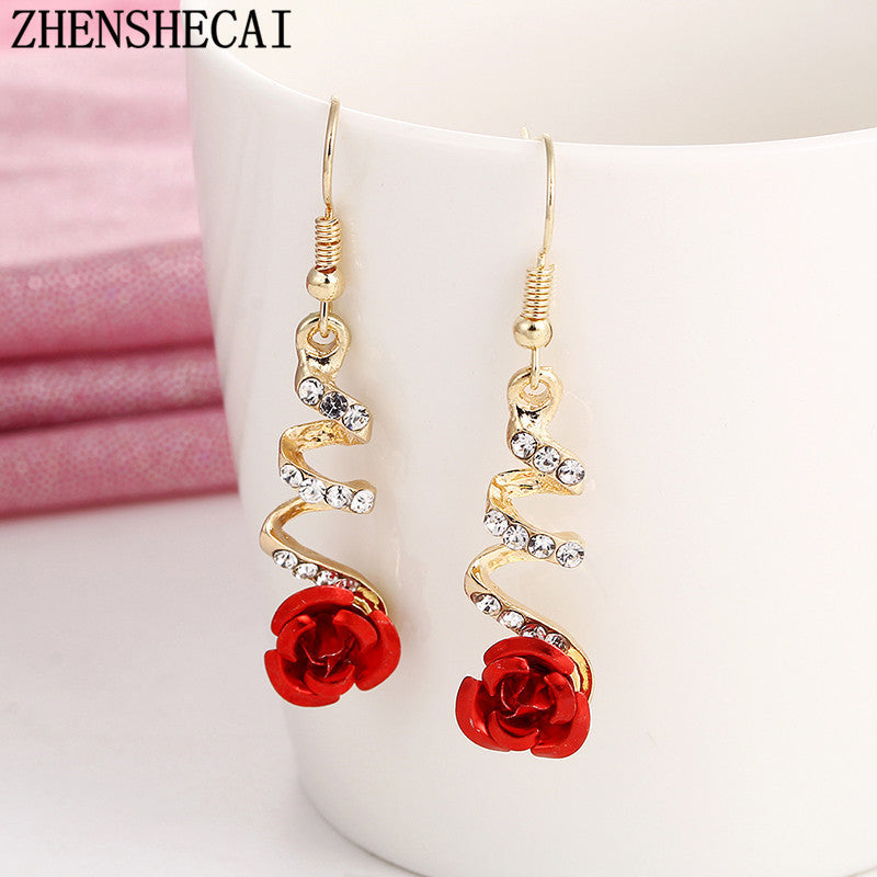 Elegant Ethnic Red Rose Earrings: Stunning Rhinestone Accent for Women