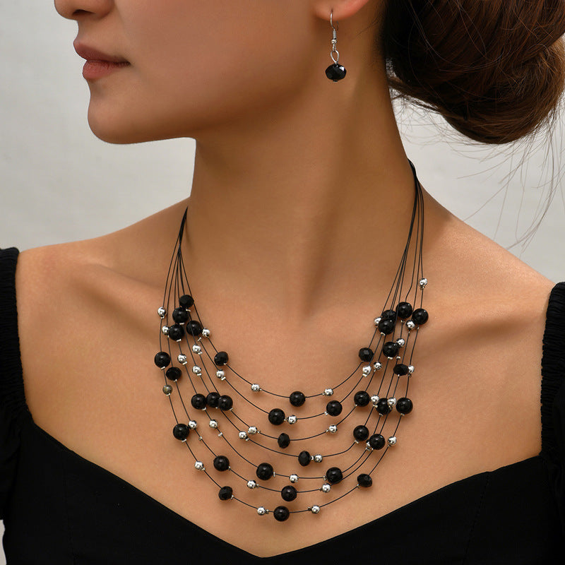 Superbe ensemble de bijoux ethniques vintage en perles de pierres précieuses : boucles d'oreilles et collier