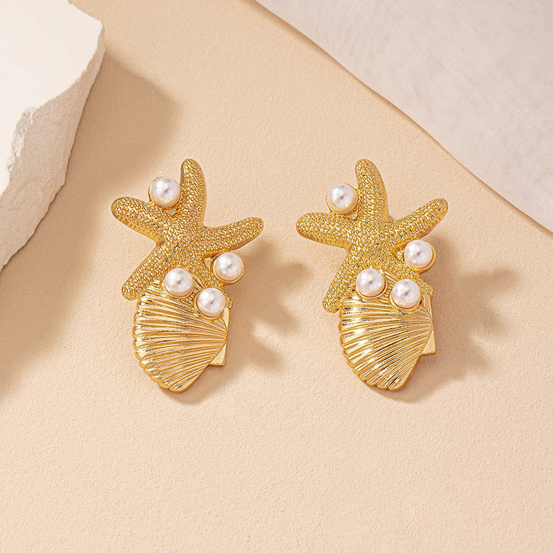 Elegant Beach Style Starfish Shell Earrings with Pearl Accents - Chic!