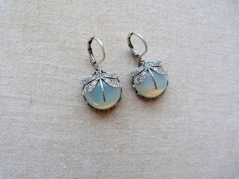 Timeless Beauty: Moonstone Earrings Featuring Hanging Vintage Dragonfly Pendant Design