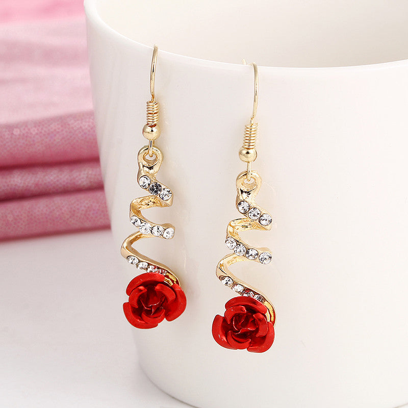 Elegant Ethnic Red Rose Earrings: Stunning Rhinestone Accent for Women