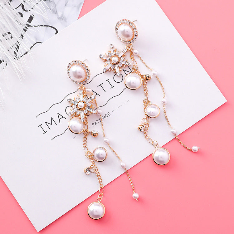 Sparkle and Shine: Long Chain Crystal Snowflake Pearl Earrings