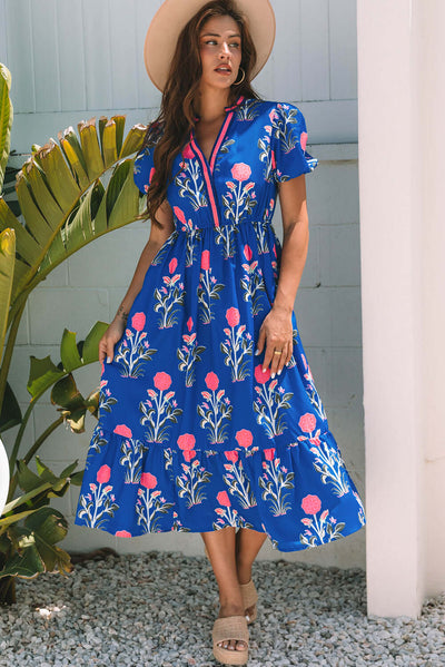 Elegant Sky Blue Floral Maxi Dress with Puff Sleeves