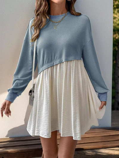 Two-Tone Dropped Shoulder Mini Dress for Effortless Style.