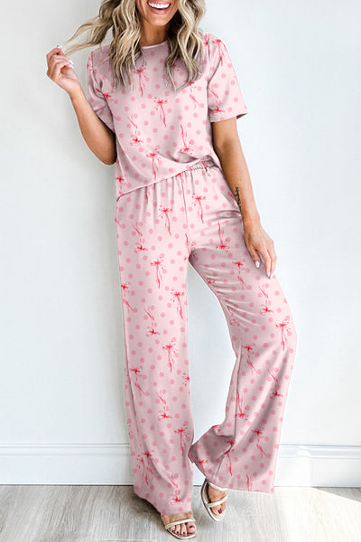 Women’s Cute Bow Knot Polka Dot Print Nightwear Set