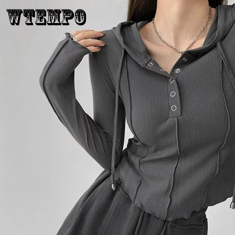 Chic Hooded Button-Up Crop Top: Slim Fit, Long Sleeve Design