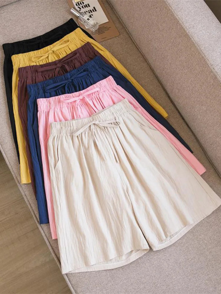 Casual Cotton Loose Shorts with High Waist and Two Pockets