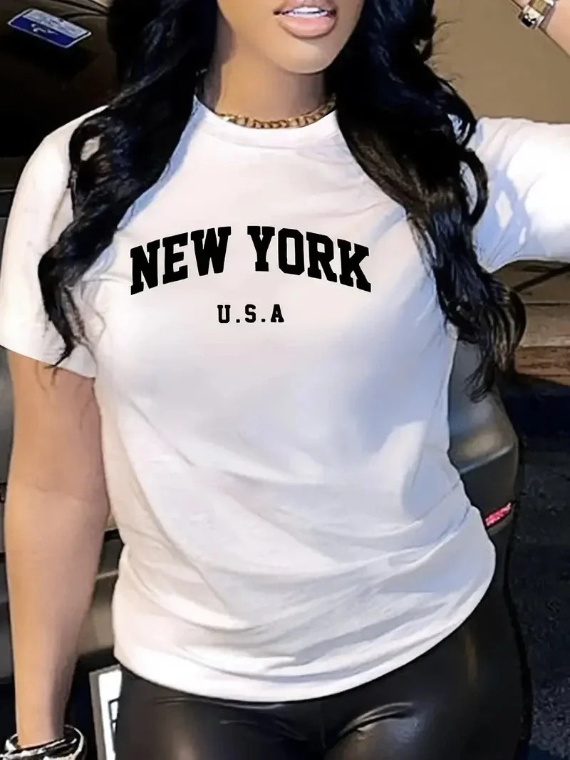 New York Letter Fashion Print Tee – Casual Short Sleeve Shirt