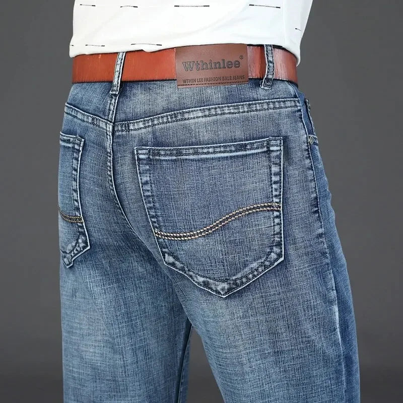 Comfortable, versatile men's denim jeans with classic straight stretch fit design.