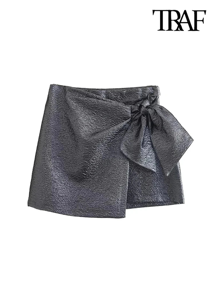 Chic Vintage High-Waist Shorts Skirt with Bow Tie and Texture