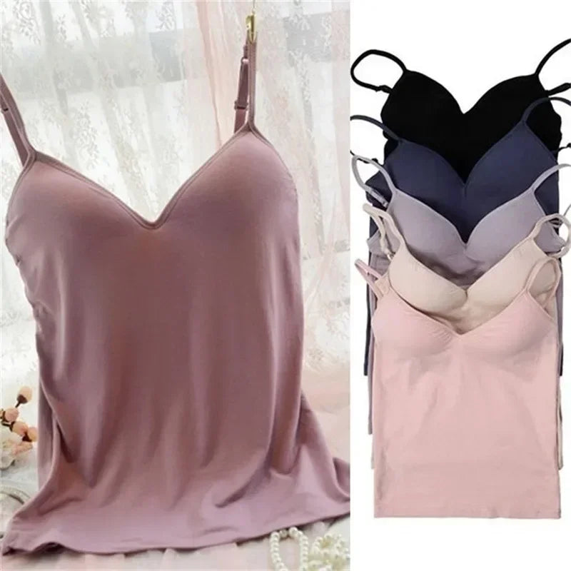 Padded Bra Tank Top for Women: Spaghetti Strap Solid Camisole