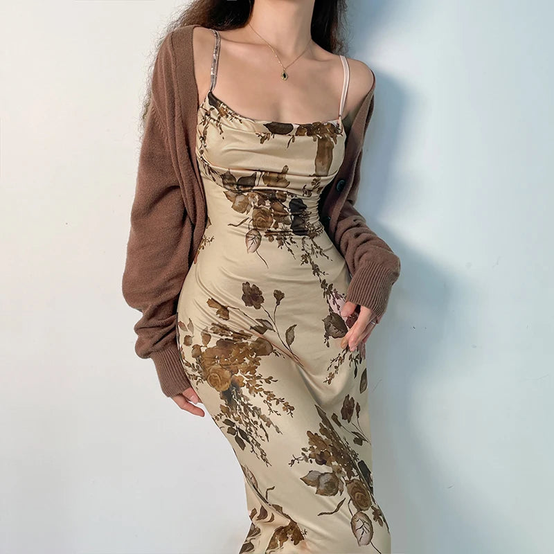 Vintage Strap Long Dress: Retro Floral Print, Sleeveless Elegance