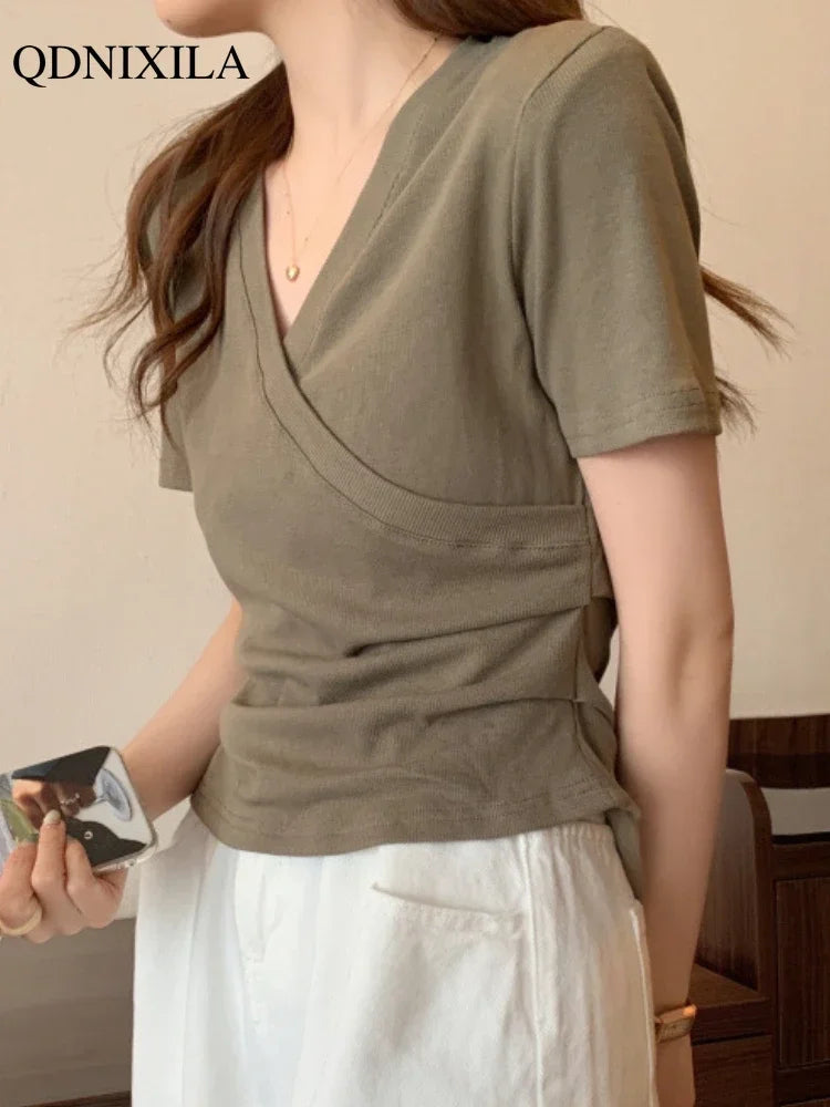 Elegant Slim Cross V-neck Women's T-shirt with Short Sleeves