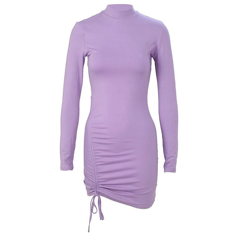 Sexy Mini Dress: Solid Color, Pleated Detail, Slim Fit Bodycon