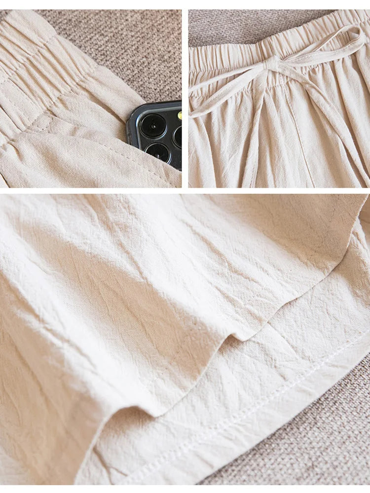 Casual Cotton Loose Shorts with High Waist and Two Pockets