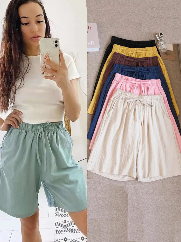 Casual Cotton Loose Shorts with High Waist and Two Pockets