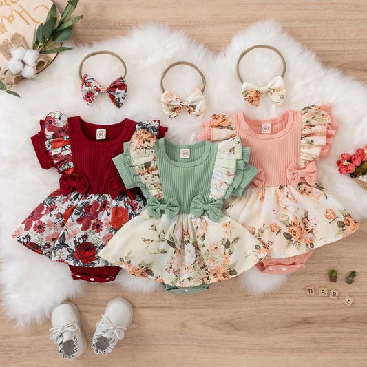 Charming Baby Girl Cotton Floral Dress: Soft, Stylish, Bowknot Jumpsuit