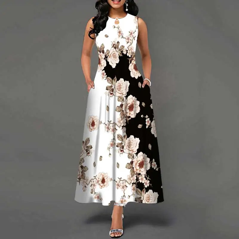 Elegant Sleeveless Long Dress for Women with Vibrant Flower Print