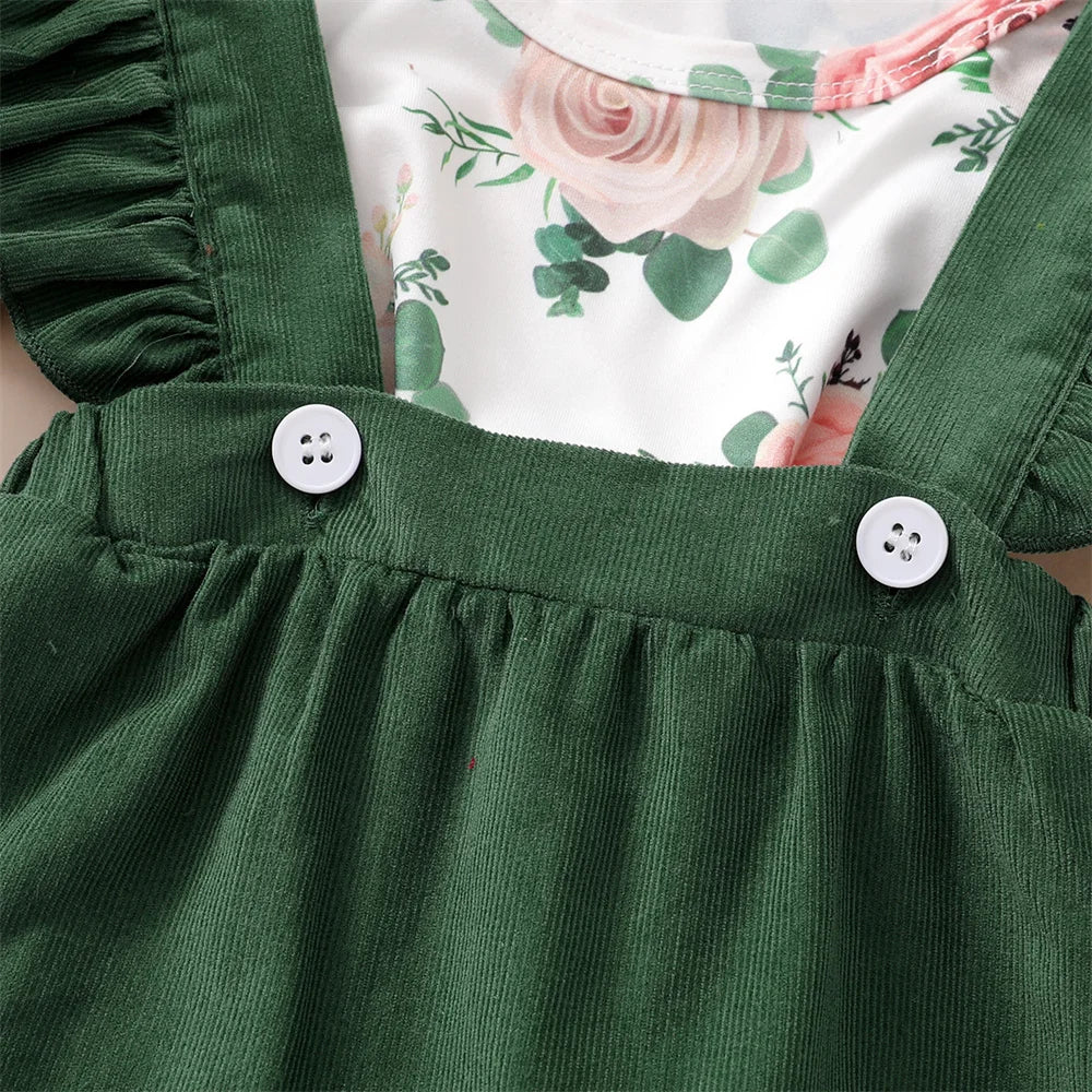 Charming Baby girl Outfit: Floral Top, Suspender Skirt, and Headwear Set