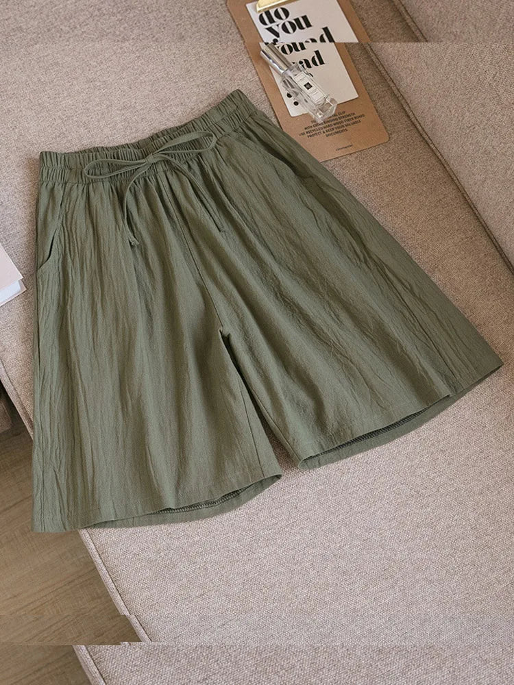 Casual Cotton Loose Shorts with High Waist and Two Pockets