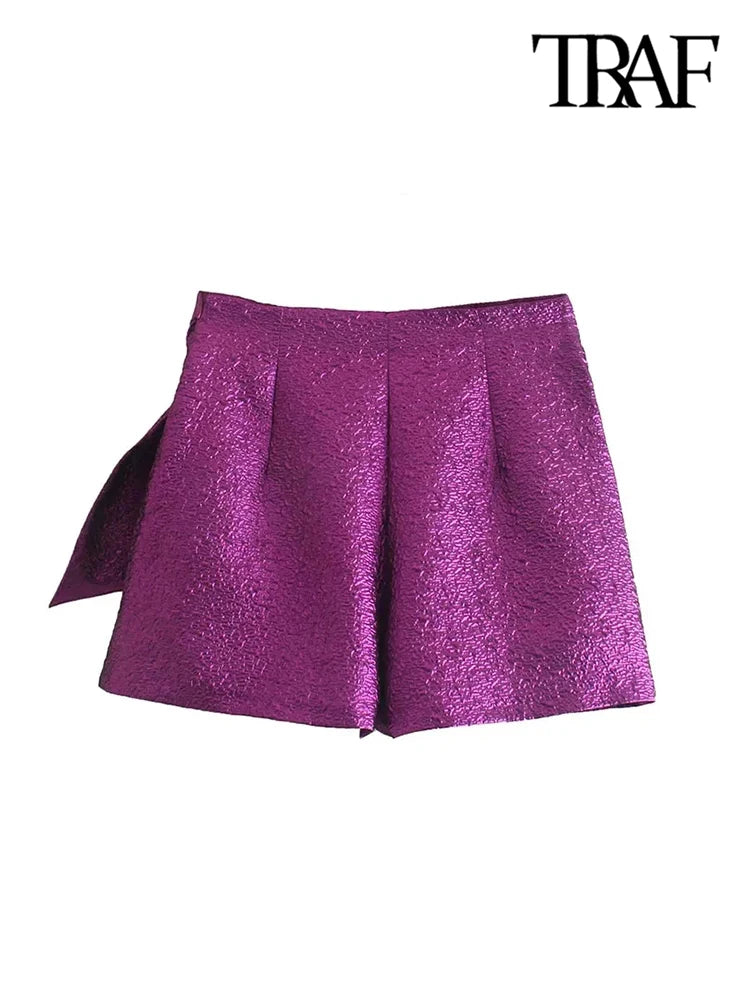 Chic Vintage High-Waist Shorts Skirt with Bow Tie and Texture