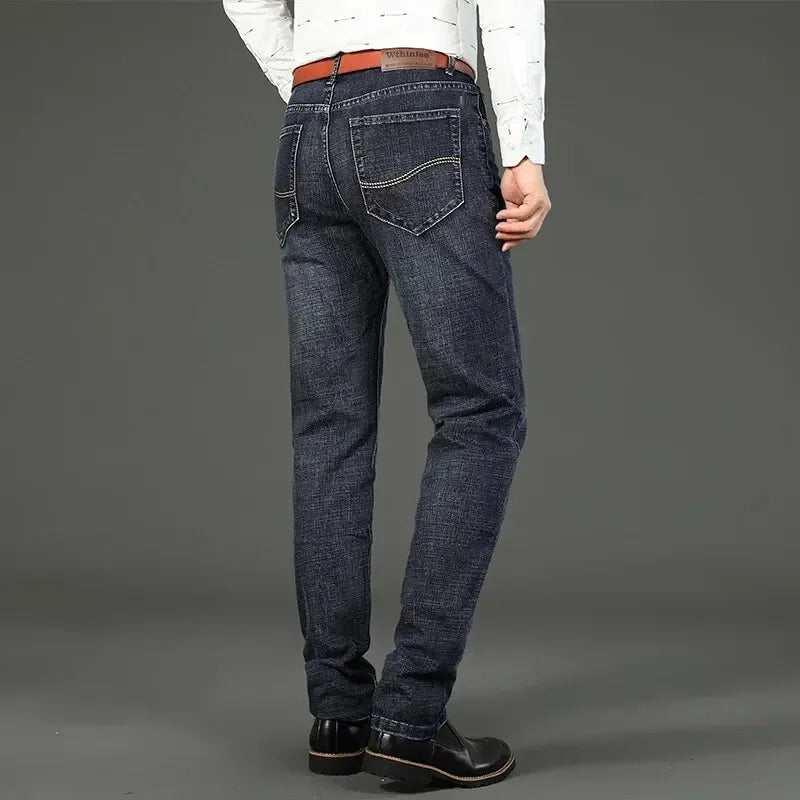 Comfortable, versatile men's denim jeans with classic straight stretch fit design.