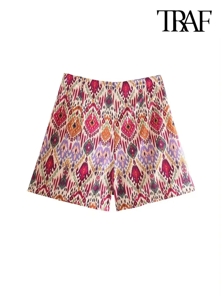 Trendy Women's High-Waist Knotted Print Shorts Skirt with Side Zipper