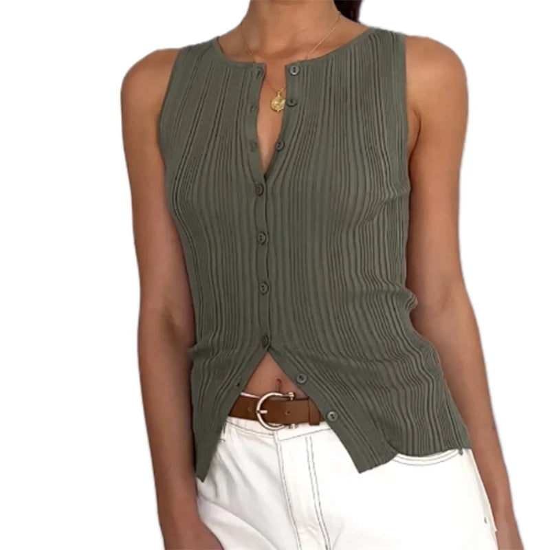 Sleeveless Ribbed Tank Top for Women: Casual Button-Up Style