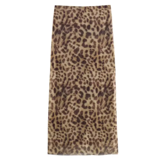 Elegant Leopard Tulle Midi Skirt - High Waist Streetwear Chic