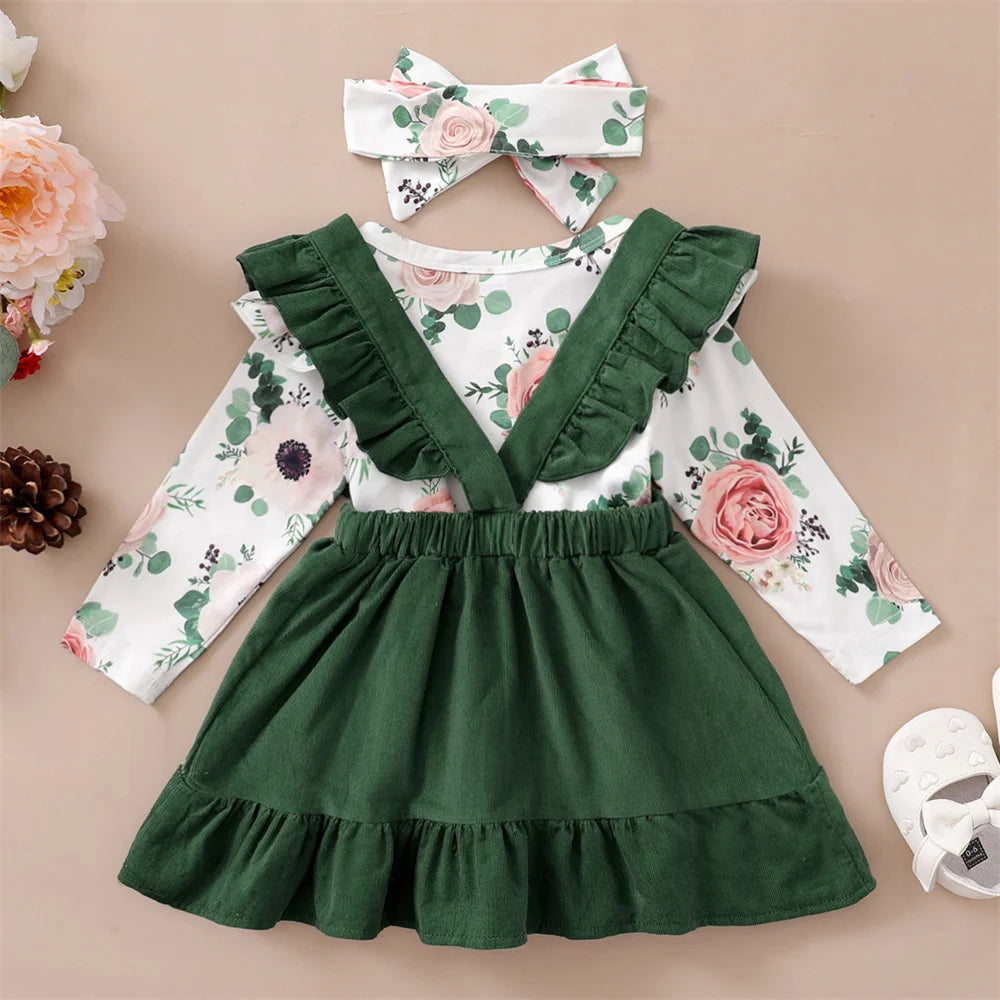 Charming Baby girl Outfit: Floral Top, Suspender Skirt, and Headwear Set