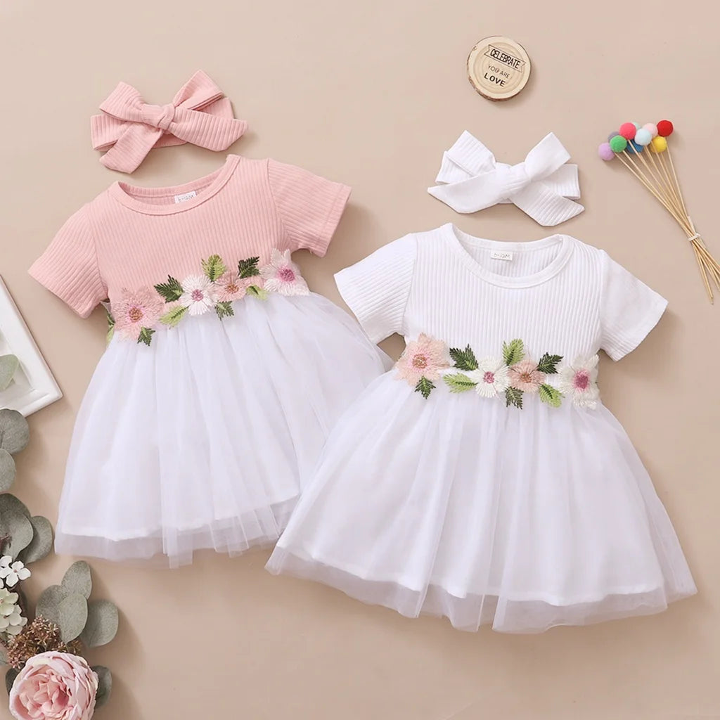 Adorable Baby Girl Dress: Short Sleeve, Tulle Skirt, Floral Embroidery