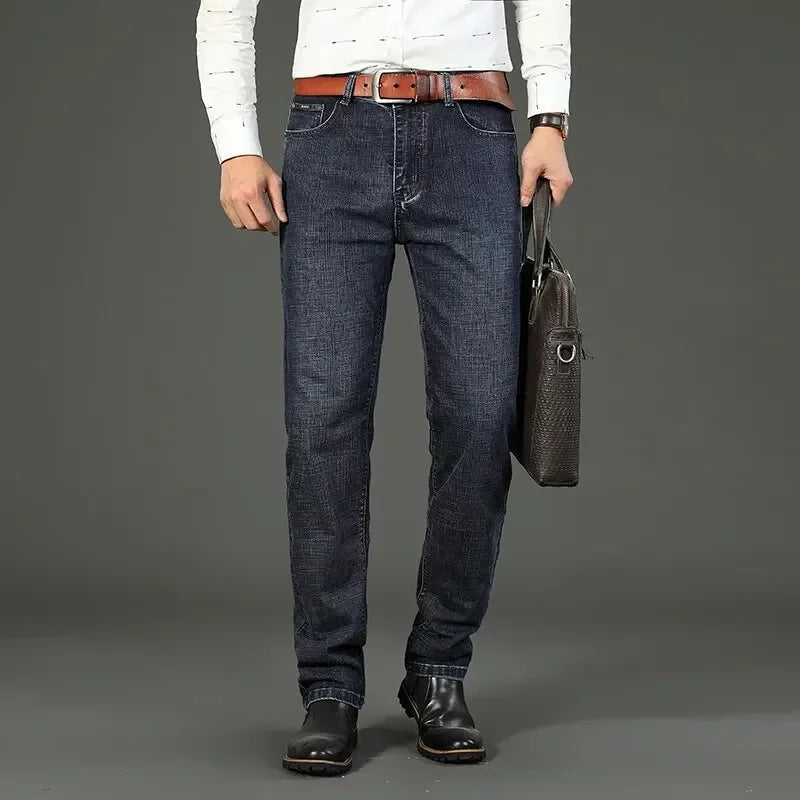 Comfortable, versatile men's denim jeans with classic straight stretch fit design.