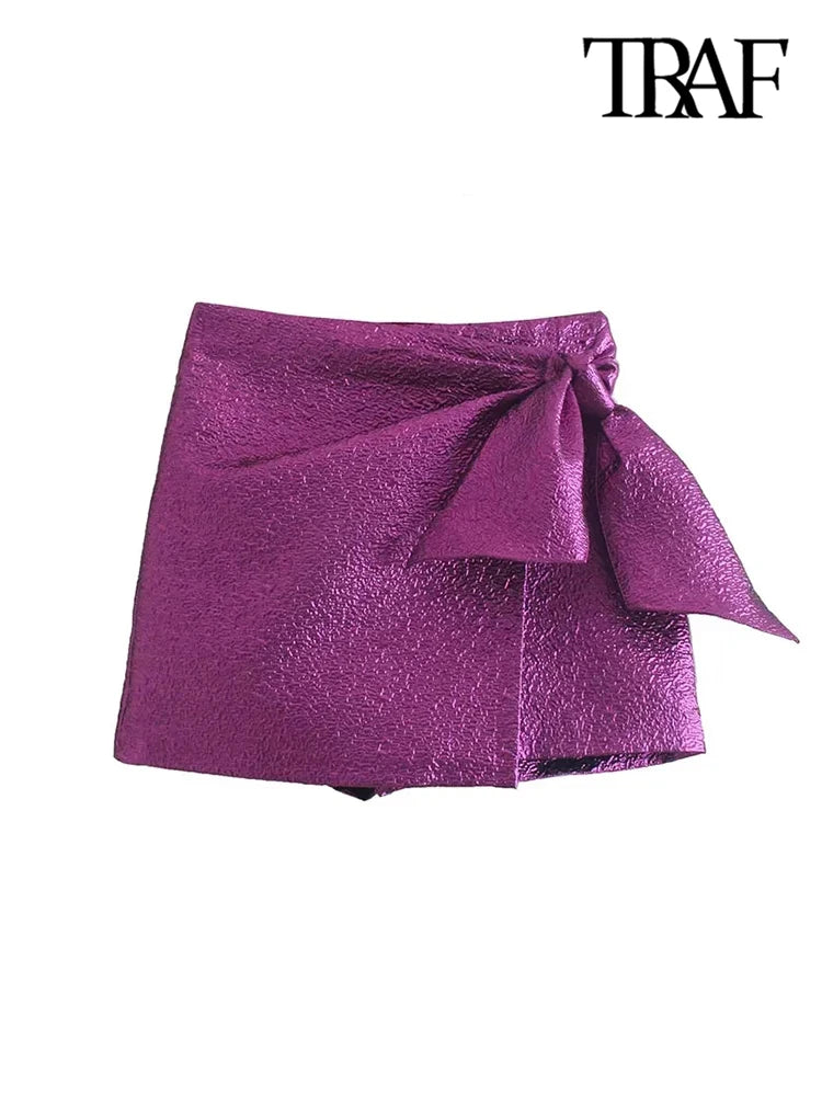 Chic Vintage High-Waist Shorts Skirt with Bow Tie and Texture