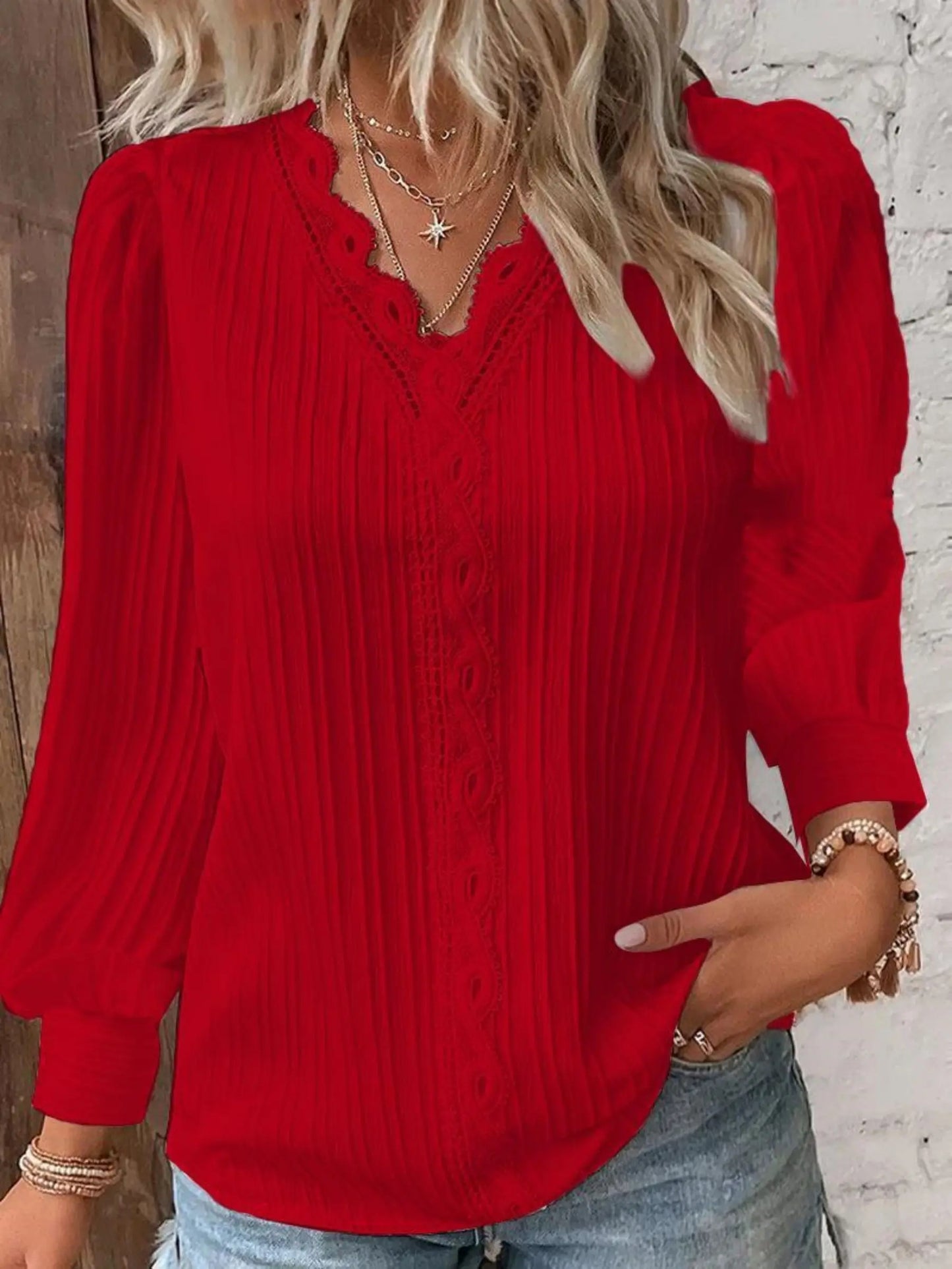 Elevate Your Style: V-Neck Long Sleeve Pullover with Lace Stitching