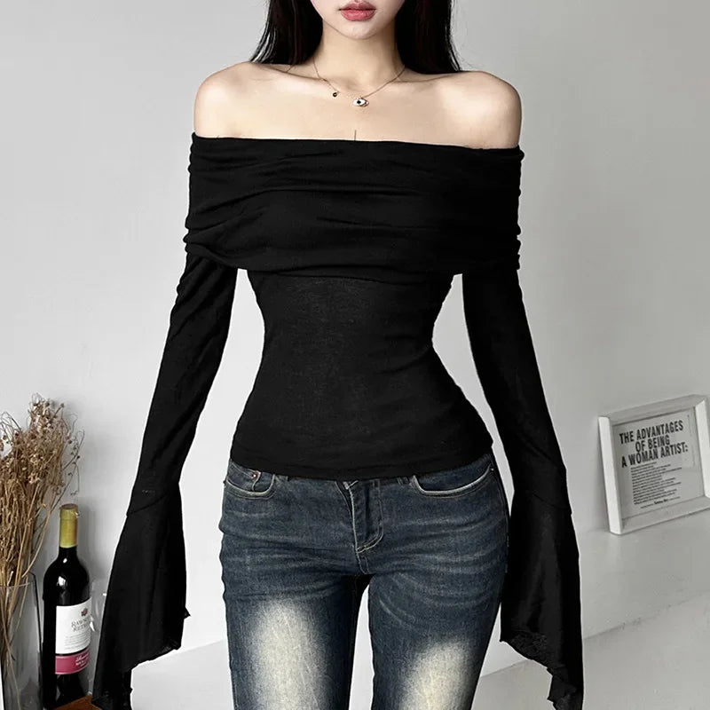 Elegant Long Sleeve Slash Neck Tee: Modern Aesthetic Fashion Essential