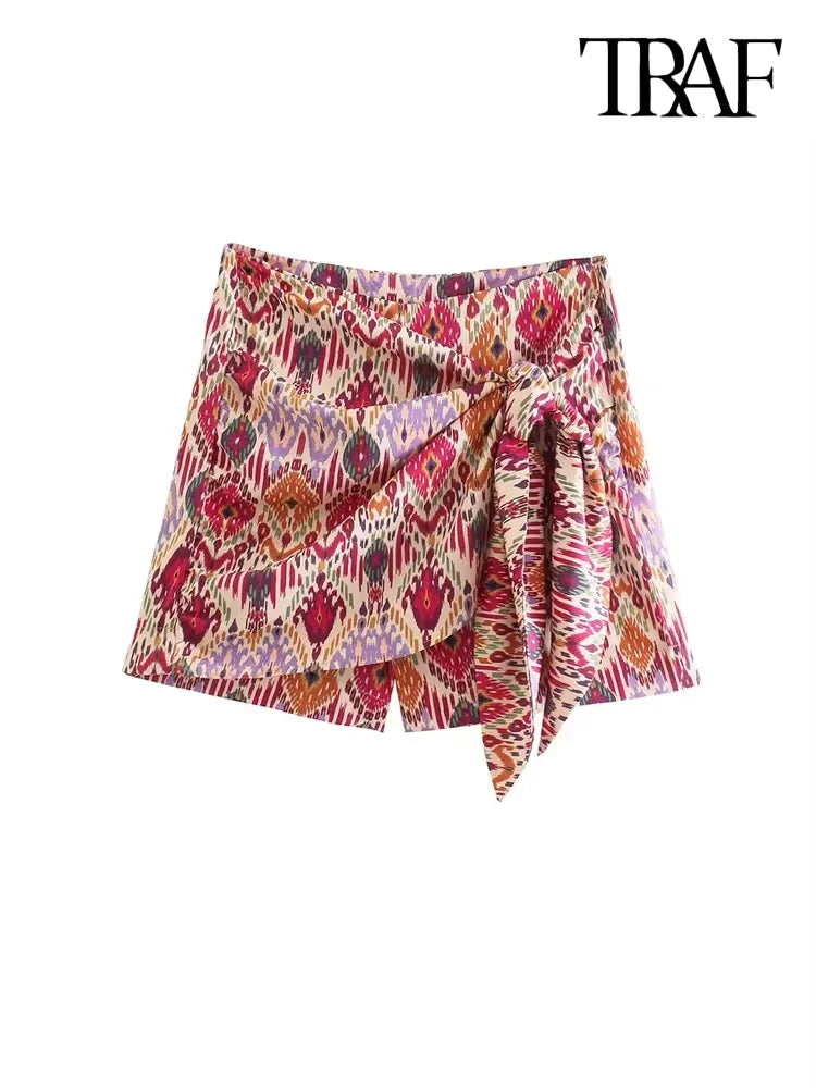 Trendy Women's High-Waist Knotted Print Shorts Skirt with Side Zipper