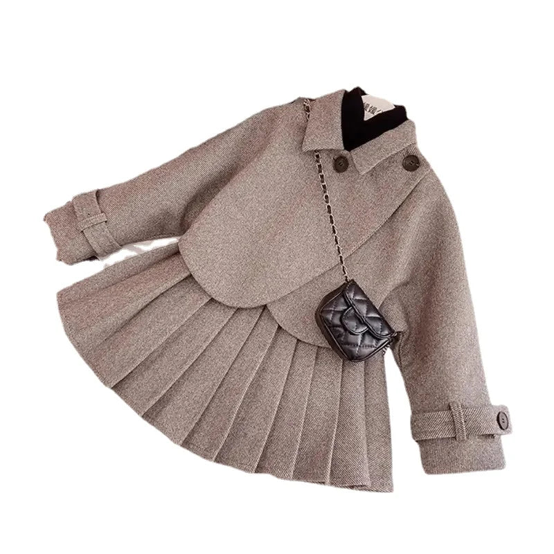 Charming Vintage Preschool Girl Coat and Skirt Set for Elegance