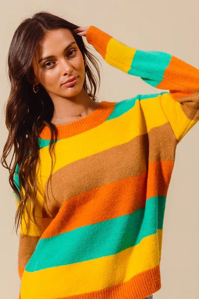 Stylish multi color stripe sweater perfect for womens fashion.