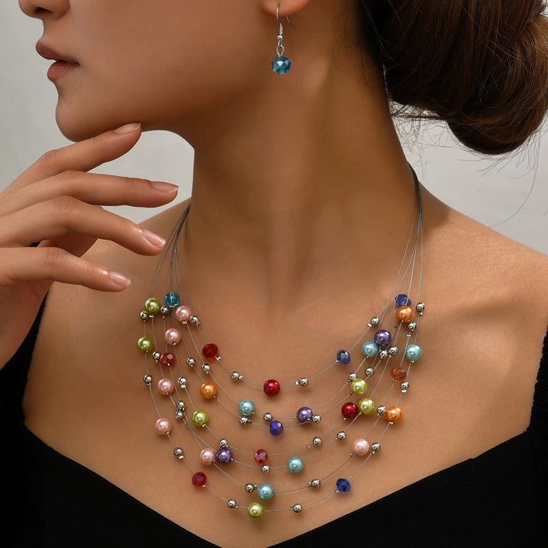 Superbe ensemble de bijoux ethniques vintage en perles de pierres précieuses : boucles d'oreilles et collier