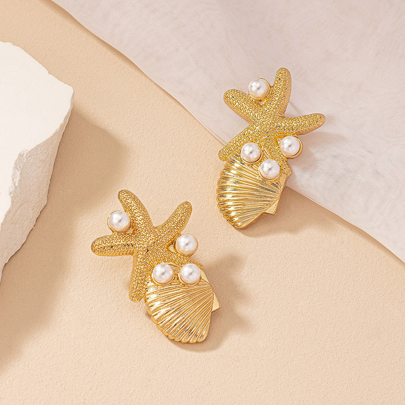 Elegant Beach Style Starfish Shell Earrings with Pearl Accents - Chic!