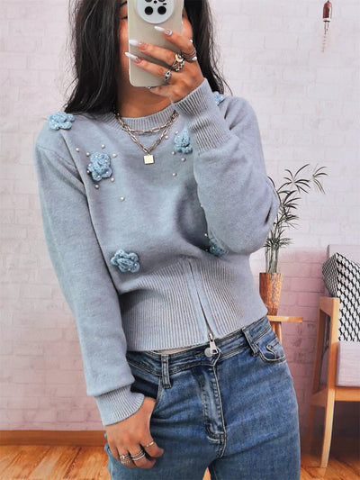 Flower Pearl Detail Sweater for Stylish Cozy Everyday Wear