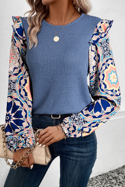 Waffle Knit Blouse offers comfort with chic floral style.